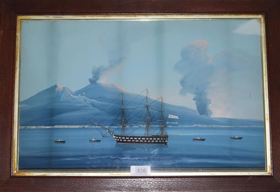 19th century Neapolitan gouache, English Frigate with Vesuvius beyond, 40 x 63cm